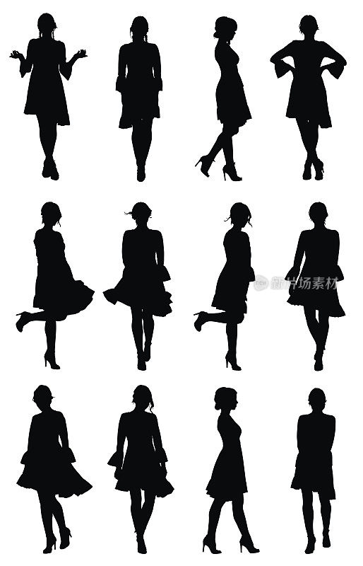 Collection of latin women dancer剪影与荷叶边袖连衣裙在不同的姿势